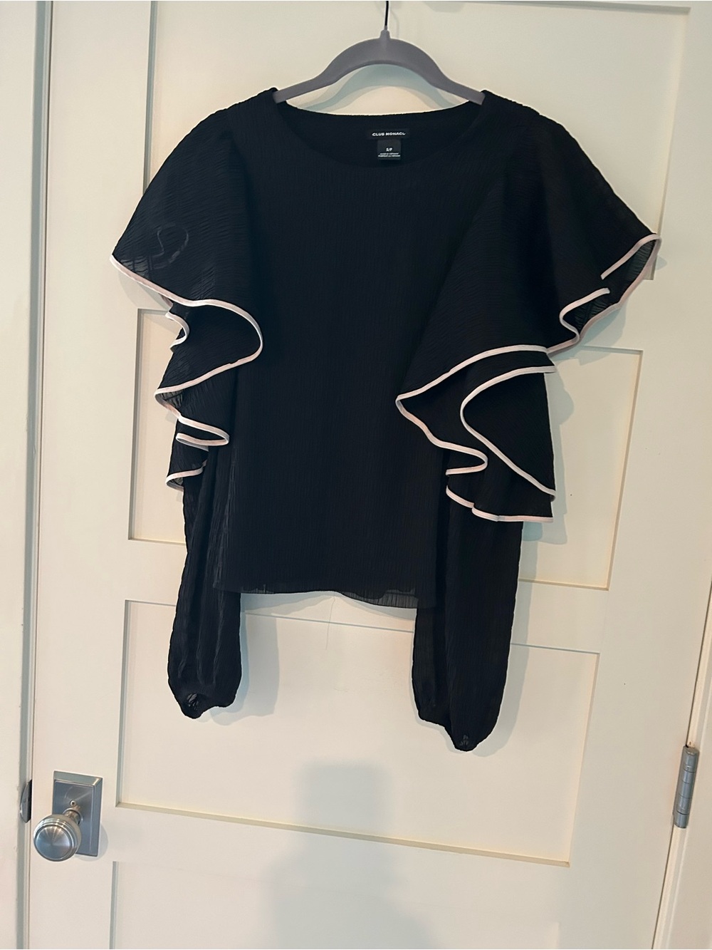 Club Monaco Black Ruffle Sleeve Blouse with Light Pink Trim